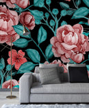 Modish Dark Wallpaper with Red Flowers