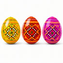 Set of 3 Yellow, Pink, Orange Geometric Ukrainian Pysanky Wooden Easter Eggs 2.5 Inches
