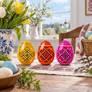 Set of 3 Yellow, Pink, Orange Geometric Ukrainian Pysanky Wooden Easter Eggs 2.5 Inches