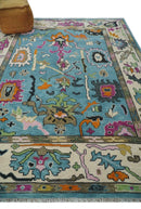 Made to Order Traditional Blue and Ivory Vibrant colorful Hand knotted Oushak wool area rug