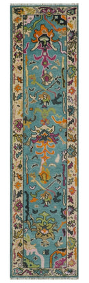 Made to Order Traditional Blue and Ivory Vibrant colorful Hand knotted Oushak wool area rug