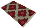 Maroon, Beige and Rust 3x5 Ikat Pattern Hand Woven Soumak Dhurrie Wool Area Rug