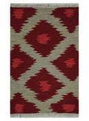Maroon, Beige and Rust 3x5 Ikat Pattern Hand Woven Soumak Dhurrie Wool Area Rug