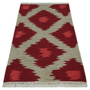 Maroon, Beige and Rust 3x5 Ikat Pattern Hand Woven Soumak Dhurrie Wool Area Rug