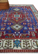 Maroon, Blue and ivory Hand Knotted Antique 8x10 Traditional Wool Rug