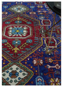 Maroon, Blue and ivory Hand Knotted Antique 8x10 Traditional Wool Rug