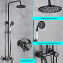 Matte black bathroom shower faucet with rainfall head and handheld spray