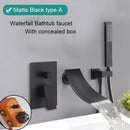 Matte black bathroom waterfall faucet with handheld showerhead