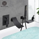 Matte black bathroom waterfall faucet with handheld showerhead