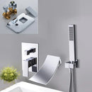 Matte black bathroom waterfall faucet with handheld showerhead