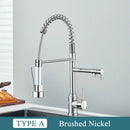 Matte black brass kitchen sink faucet with pull down dual spout
