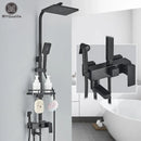 Matte black brass shower faucet set with shelf bathroom rainfall tap
