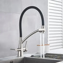 Matte black dual spout kitchen faucet with water purification
