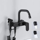 Matte black kitchen mixer tap with integrated handheld showerhead