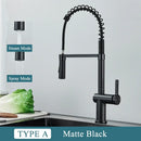 Matte black kitchen sink faucet with pull down spring sprayer