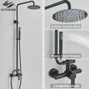 Matte black rainfall shower faucet set with hand shower for bathroom