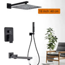 Matte black shower set with square rain head and spout for bathroom