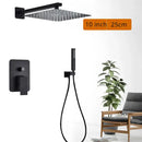 Matte black shower set with square rain head and spout for bathroom