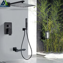 Matte black shower set with square rain head and spout for bathroom