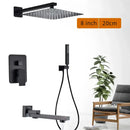 Matte black shower set with square rain head and spout for bathroom