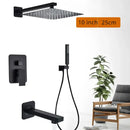 Matte black shower set with square rain head and spout for bathroom
