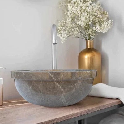 Maya Grey Marble drop-in self-rimming sinkYEDSIM02 D16 H6 polished installed bathroom above wooden vanity golden color vase and white flowers