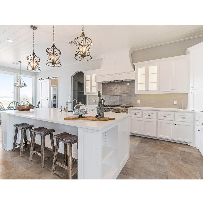 Meandros Walnut Antique Pattern Brushed, Chiseled and Unfilled - Full Truckload installed modern kitchen with white cabinets and modern lighting 3 bar stools near kitchen island