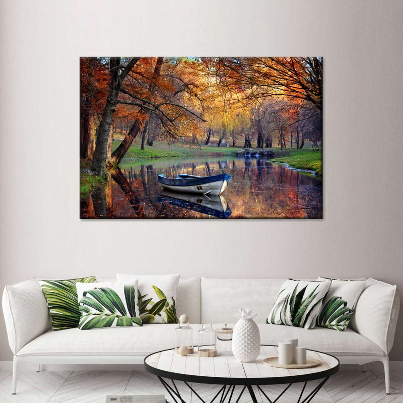 Autumn Lake Boat Wall Art