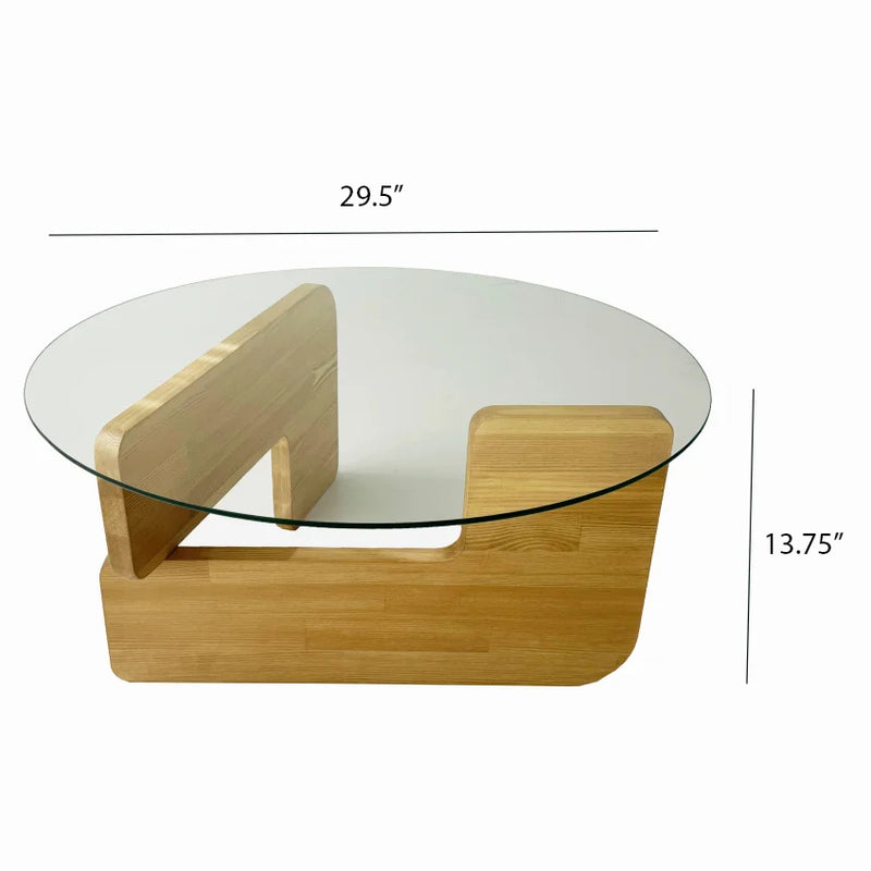 Mia Designer Coffee Table Solid Wood Oak Tempered Glass top (D)29.5" (H)13.75" product dimensions