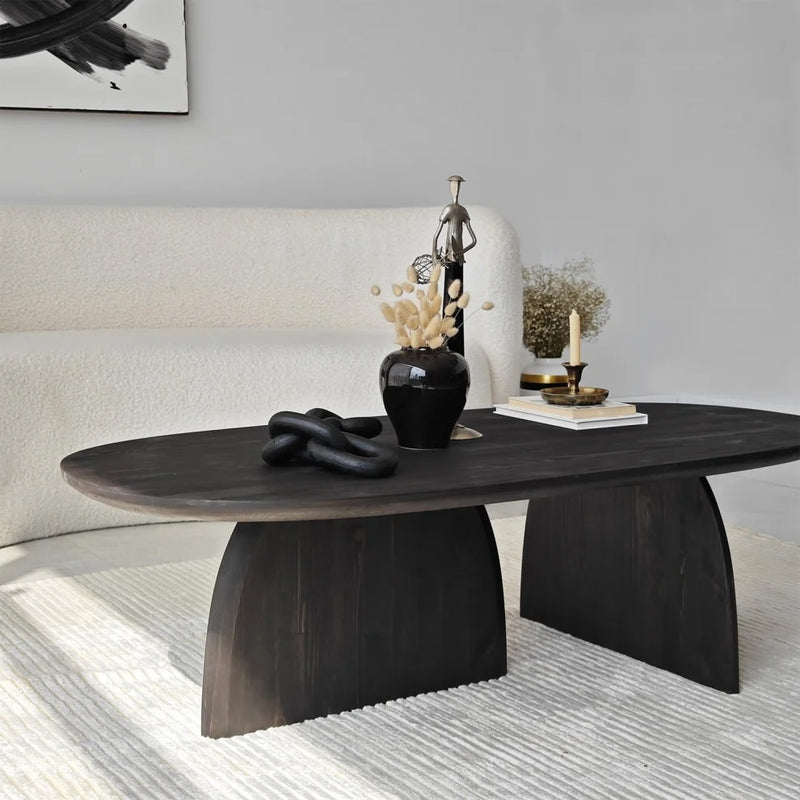 Miami Designer Coffee Table Solid Wood (W)24" (L)48" (H)13.75" black vase and decorative items on the table coffee mug and books