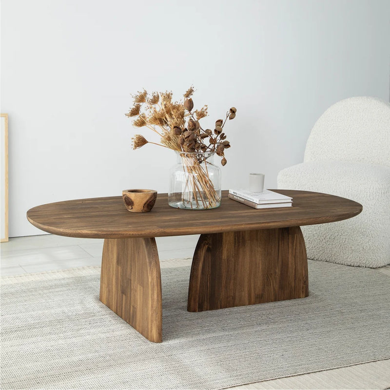 Miami Designer Coffee Table Solid Wood (W)24" (L)48" (H)13.75" walnut vase and decorative items on the table coffee mug and books