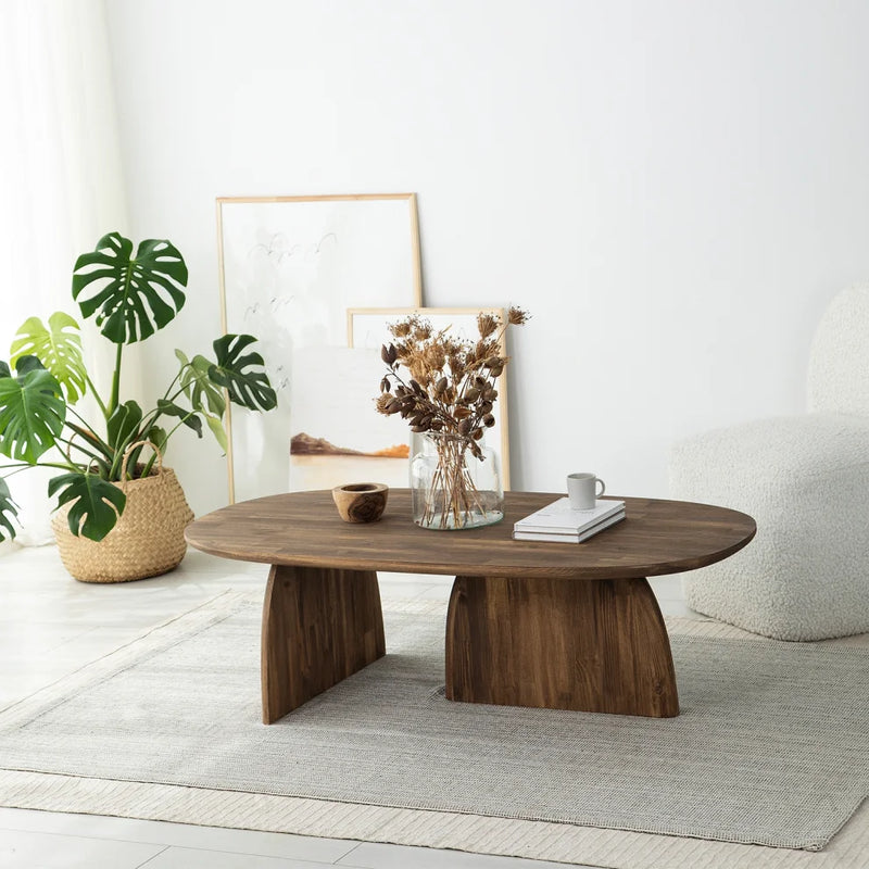 Miami Designer Coffee Table Solid Wood (W)24" (L)48" (H)13.75" walnut books coffee muggy rug on the floor canvases on the back