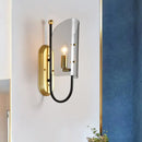 DecorBites™ Mid Century Black-Brass 1-Light Hall Wall Sconce Lamp with Smoke Grey Curving Glass Shade