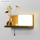Milk glass cube wall light with wood shelf bedroom sconce