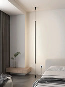 Minimalist matte black bedside pendant light straight strip bedroom
