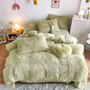 Mint green fluffy faux fur bedding set with heart pillow bedroom