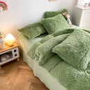 Mint green fluffy faux fur bedding set with heart pillow bedroom