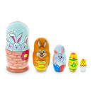 5 Bunnies, Chick with Easter Eggs Wicker Basket Wooden Nesting Figurines 6 Inches