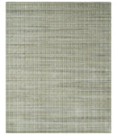Modern 8x10 Hand Made Striped Olive and White Blended Wool  Area Rug