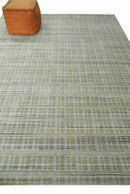 Modern 8x10 Hand Made Striped Olive and White Blended Wool  Area Rug