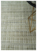 Modern 8x10 Hand Made Striped Olive and White Blended Wool  Area Rug