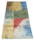 Modern Abstract 2x4 Blue, Red and Gold Hand Knotted bamboo silk Area Rug
