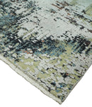Modern Abstract 2x4 High Low Ivory and Olive Real Silk and Wool Rug