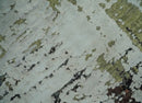 Modern Abstract 2x4 High Low Ivory and Olive Real Silk and Wool Rug