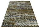 Modern Abstract 8x10 Ivory, Olive and Dark Blue Hand Knotted Bamboo Silk Area Rug