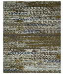 Modern Abstract 8x10 Ivory, Olive and Dark Blue Hand Knotted Bamboo Silk Area Rug