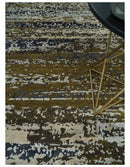 Modern Abstract 8x10 Ivory, Olive and Dark Blue Hand Knotted Bamboo Silk Area Rug