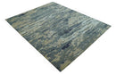 Modern Abstract Blue And Beige Hand Knotted 8x10 Wool And Bamboo Silk Rug
