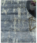 Modern Abstract Blue And Ivory Hand Knotted Wool Area Rug