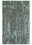 Modern abstract Charcoal and Light Blue Hand knotted 5x8 wool Area Rug